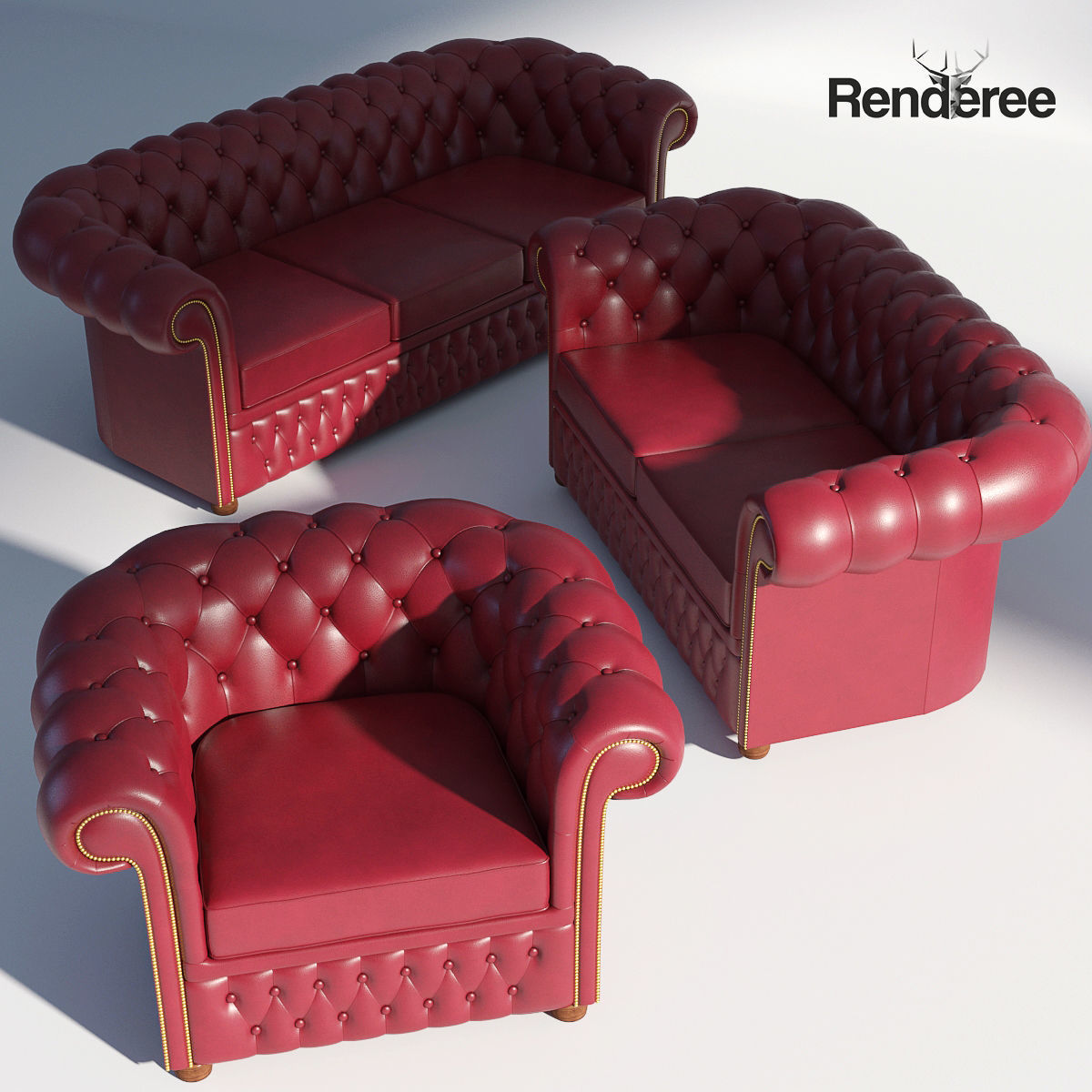 Chesterfiled Sofa 3 Red 3D model_8