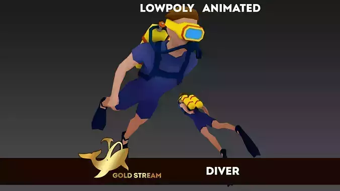 Diver animated Low-poly 3D model
