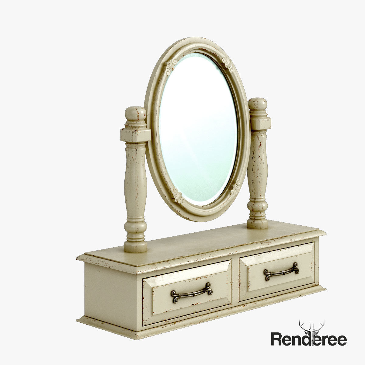 Victorian Desk Mirror Stool Set Old White 3D model_6