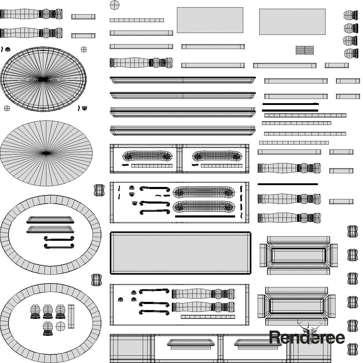 Victorian Desk Mirror Stool Set Old White 3D model_22