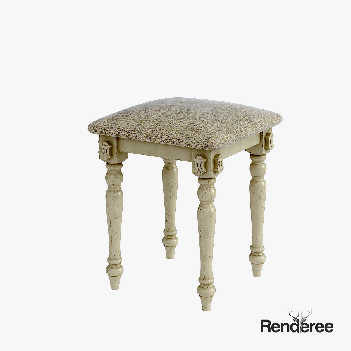 Victorian Desk Mirror Stool Set Old White 3D model_11