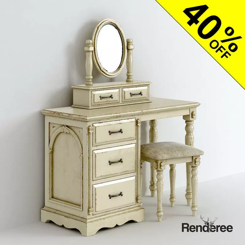Victorian Desk Mirror Stool Set Old White 3D model_0