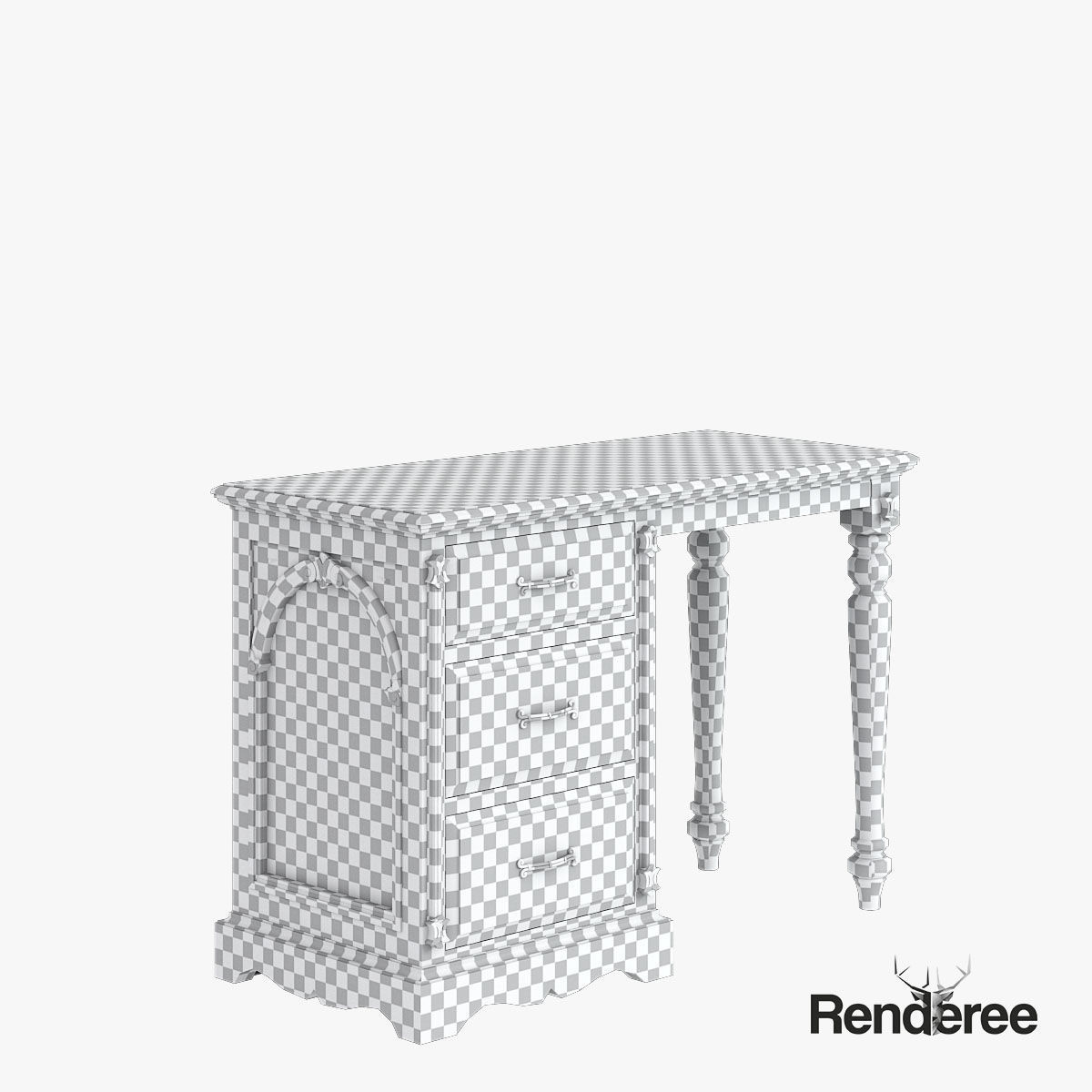 Victorian Desk Mirror Stool Set Old White 3D model_17