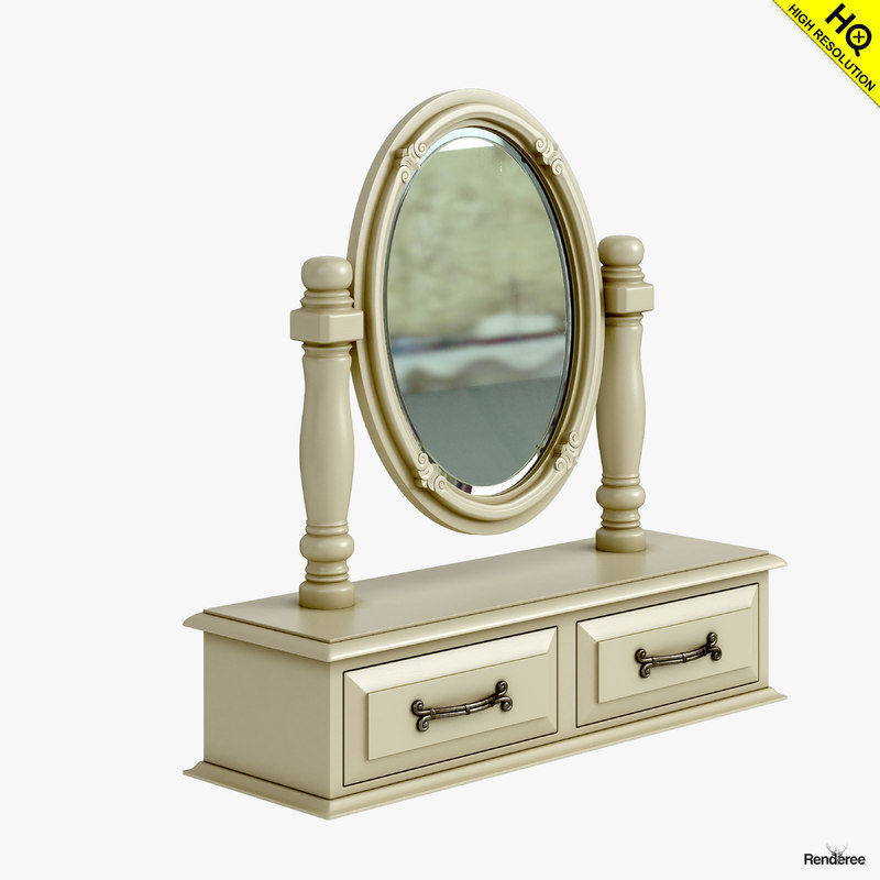 Victorian Desk Mirror Stool Set Old White 3D model_5