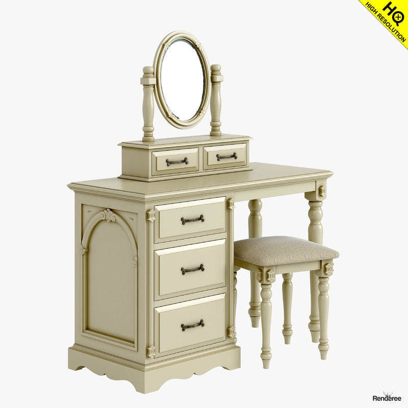 Victorian Desk Mirror Stool Set Old White 3D model_3