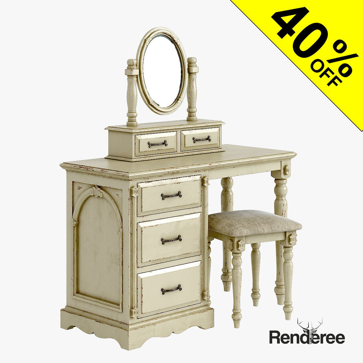 Victorian Desk Mirror Stool Set Old White 3D model_2