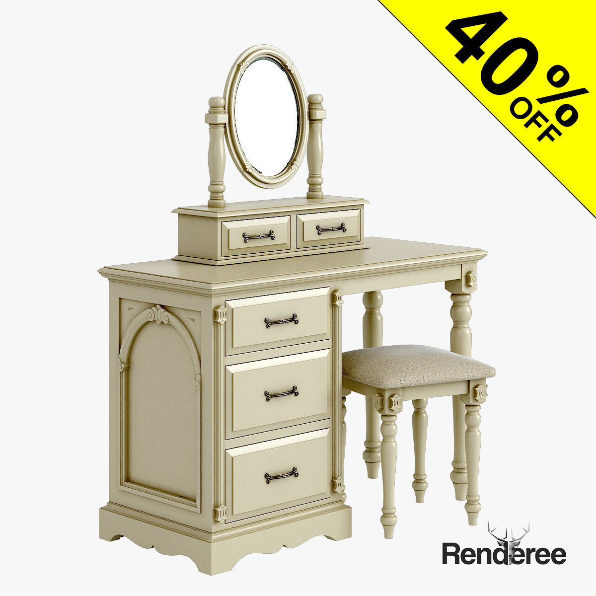 Victorian Desk Mirror Stool Set Old White 3D model_1