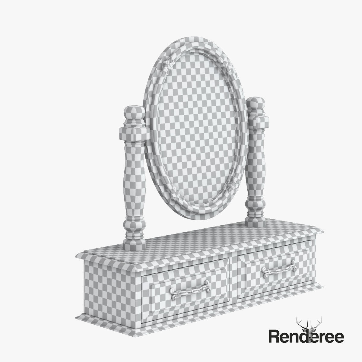 Victorian Desk Mirror Stool Set Old White 3D model_16