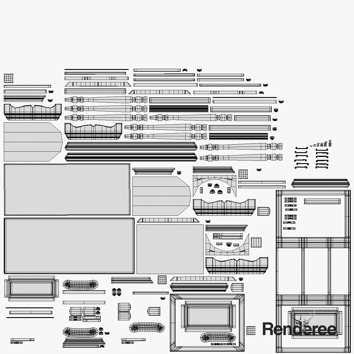 Victorian Desk Mirror Stool Set Old White 3D model_23