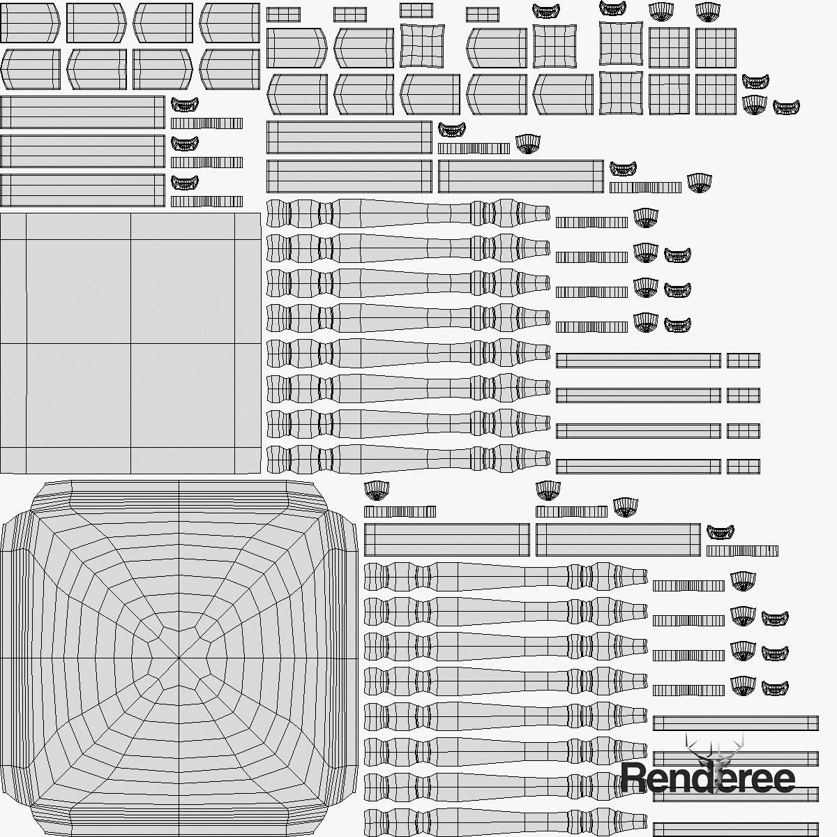 Victorian Desk Mirror Stool Set Old White 3D model_24