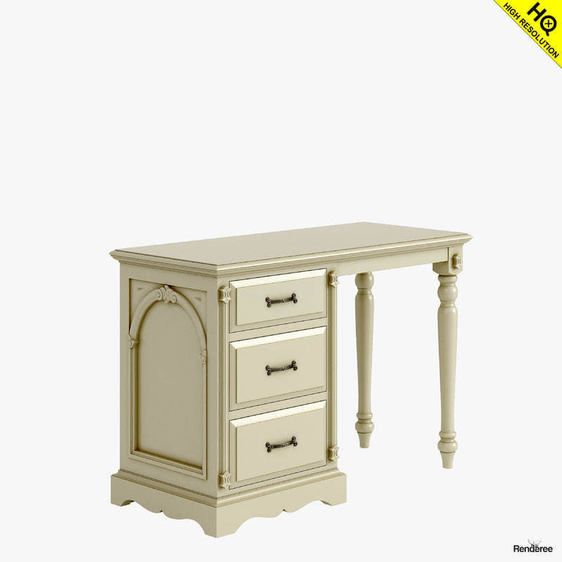 Victorian Desk Mirror Stool Set Old White 3D model_9