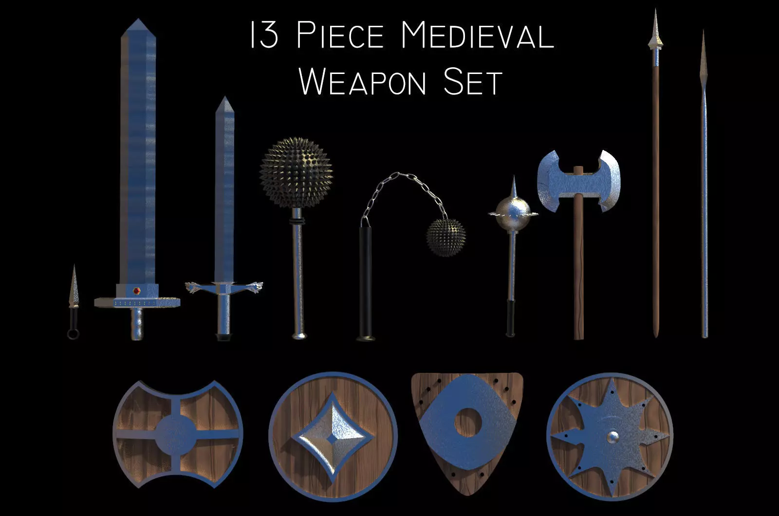 13 Piece Medieval Weapon and Shield Set Low-poly 3D model_0