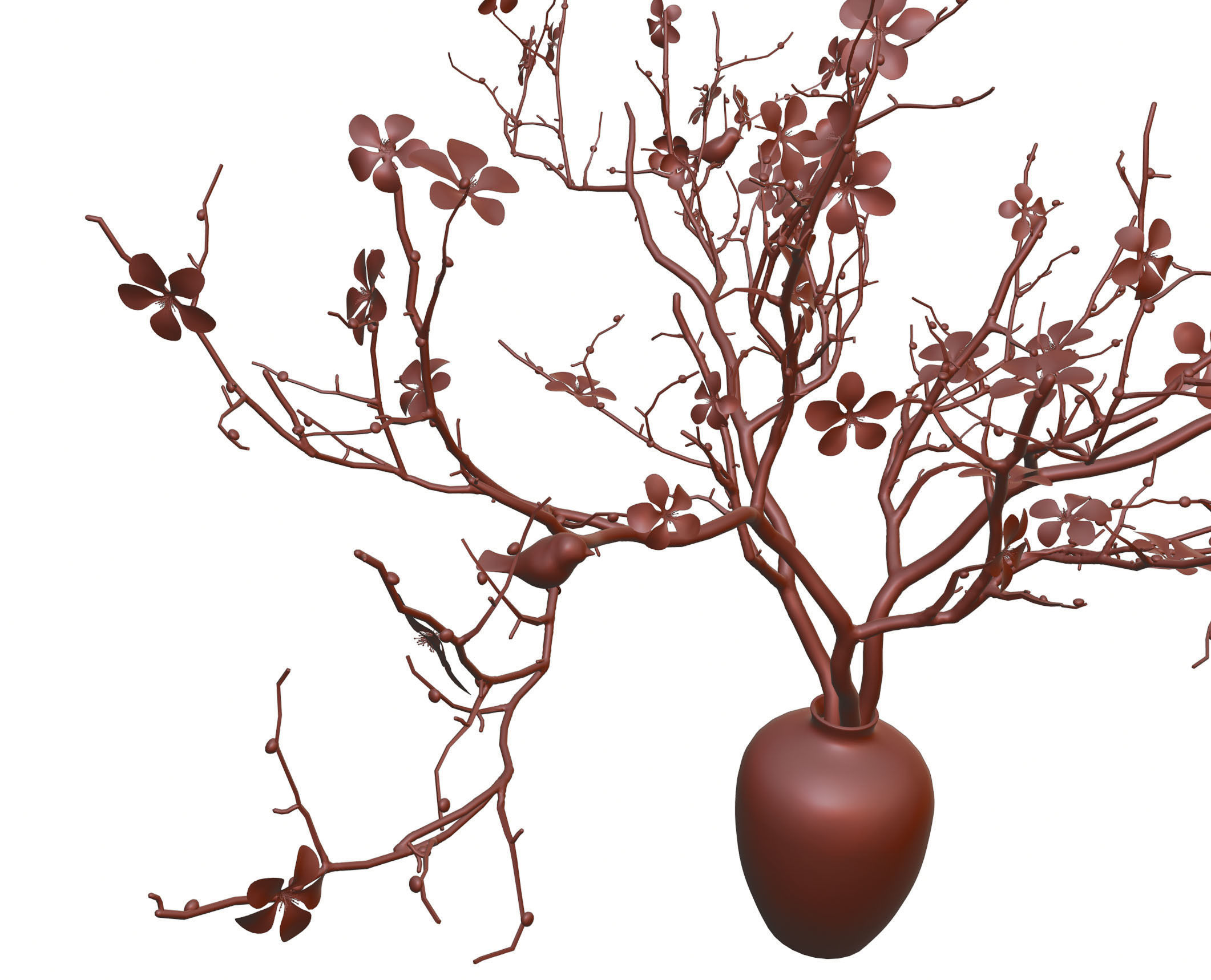 Twig with flowers and a bird in ceramic vase 3D model_10