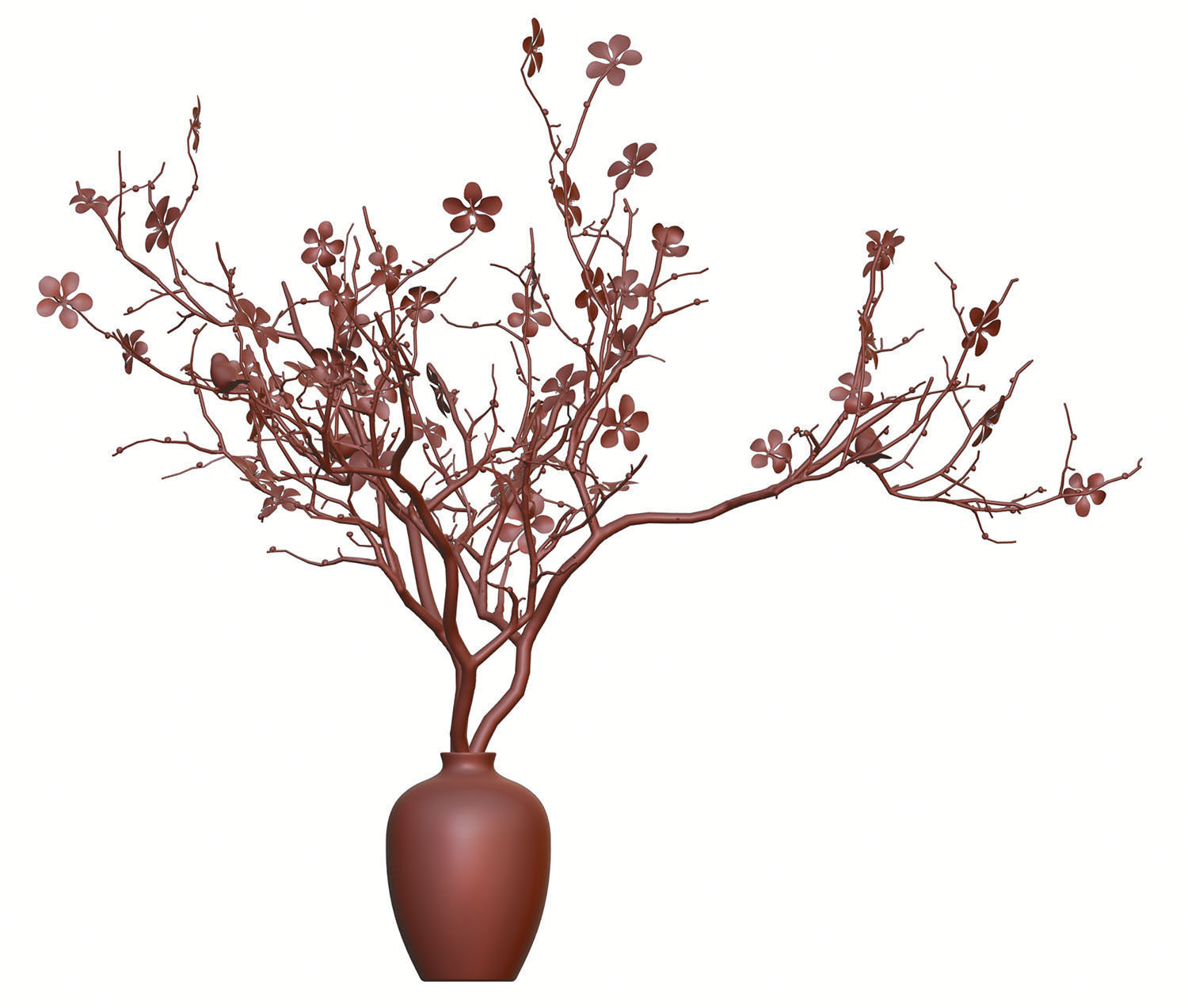 Twig with flowers and a bird in ceramic vase 3D model_9
