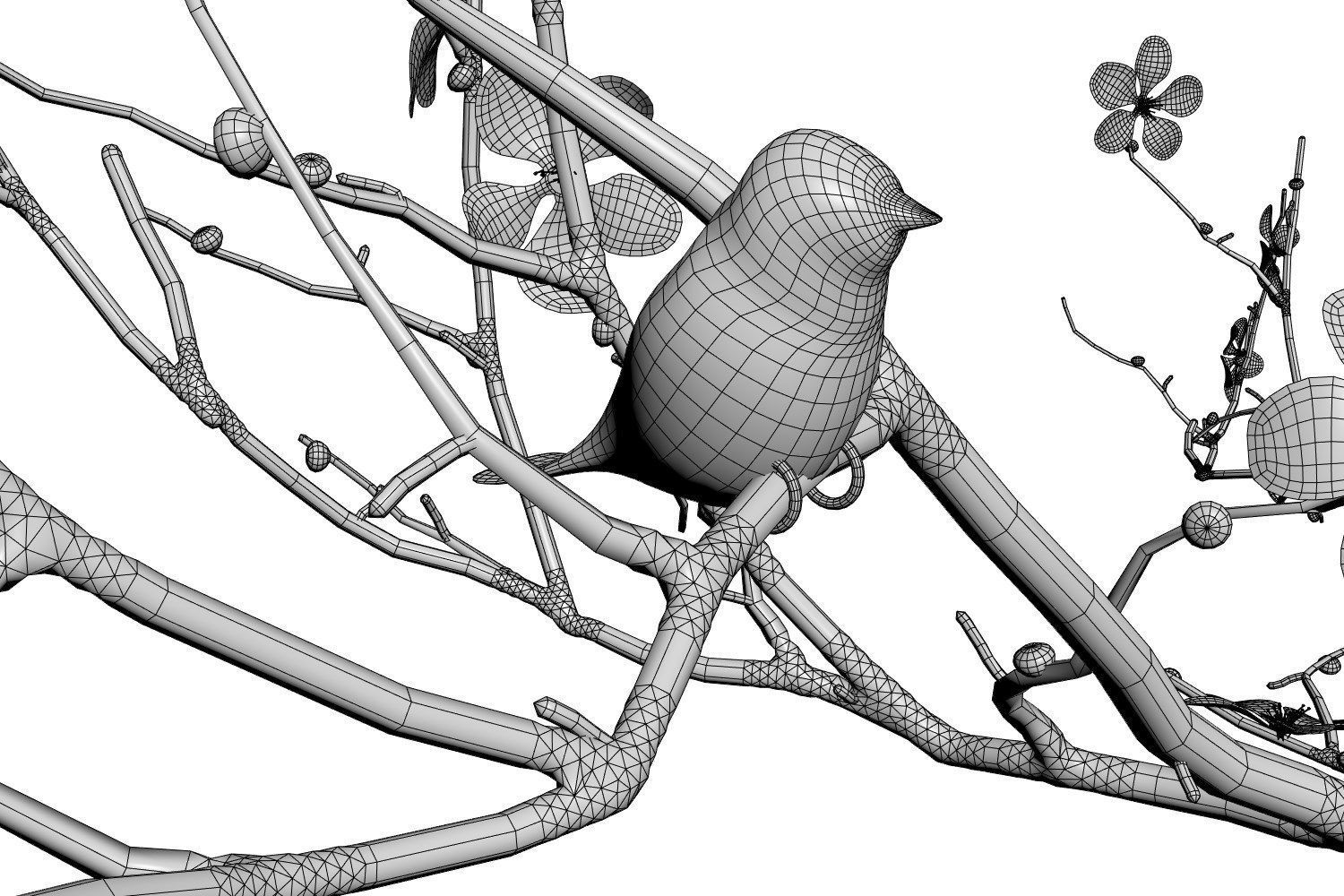 Twig with flowers and a bird in ceramic vase 3D model_7