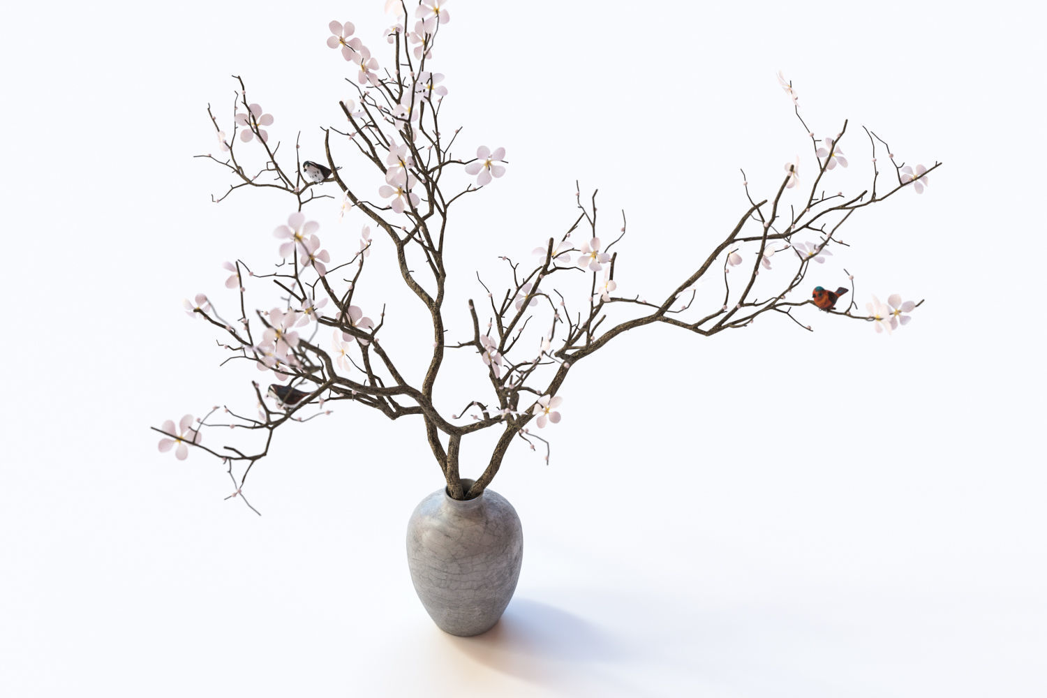 Twig with flowers and a bird in ceramic vase 3D model_1