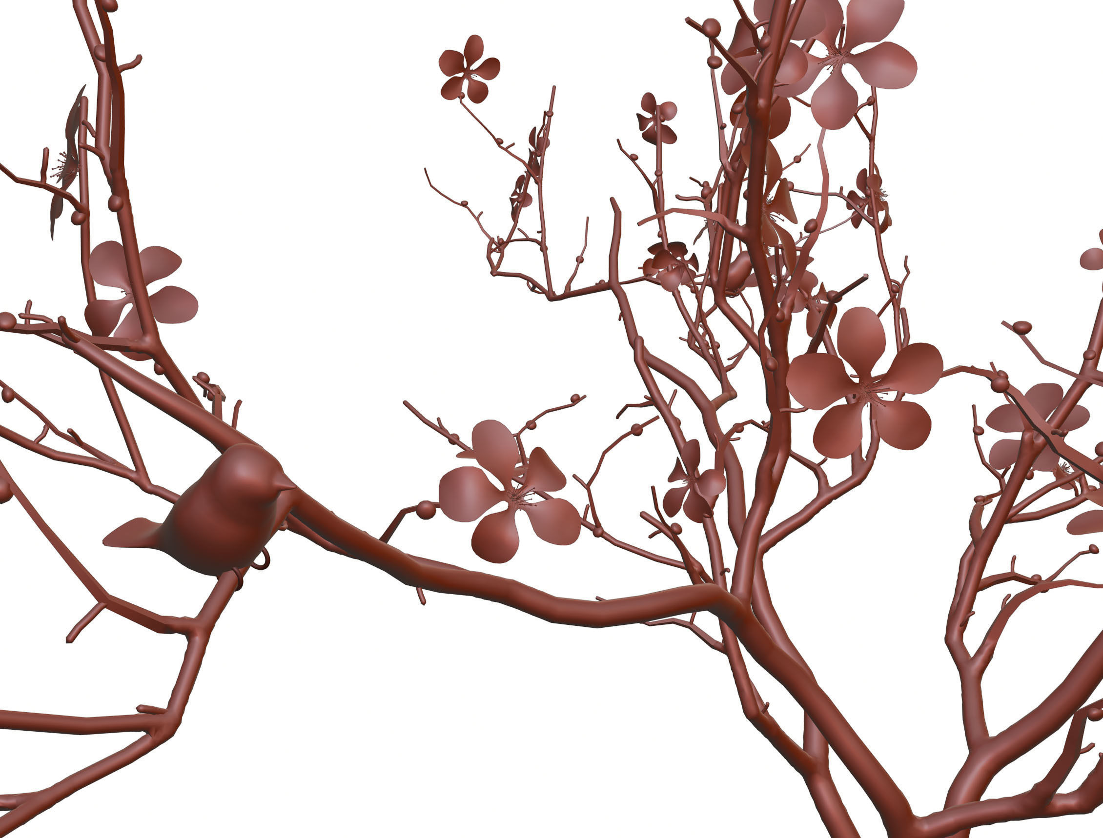 Twig with flowers and a bird in ceramic vase 3D model_11