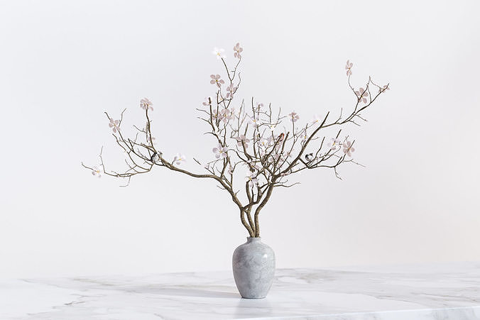 Twig with flowers and a bird in ceramic vase 3D model