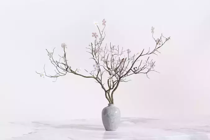 Twig with flowers and a bird in ceramic vase 3D model