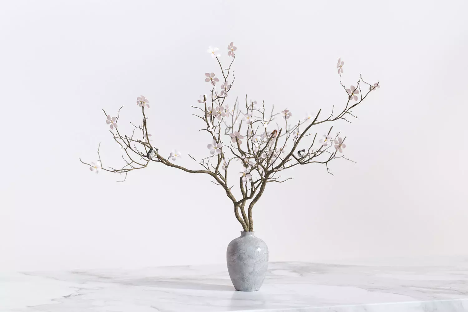 Twig with flowers and a bird in ceramic vase 3D model_0