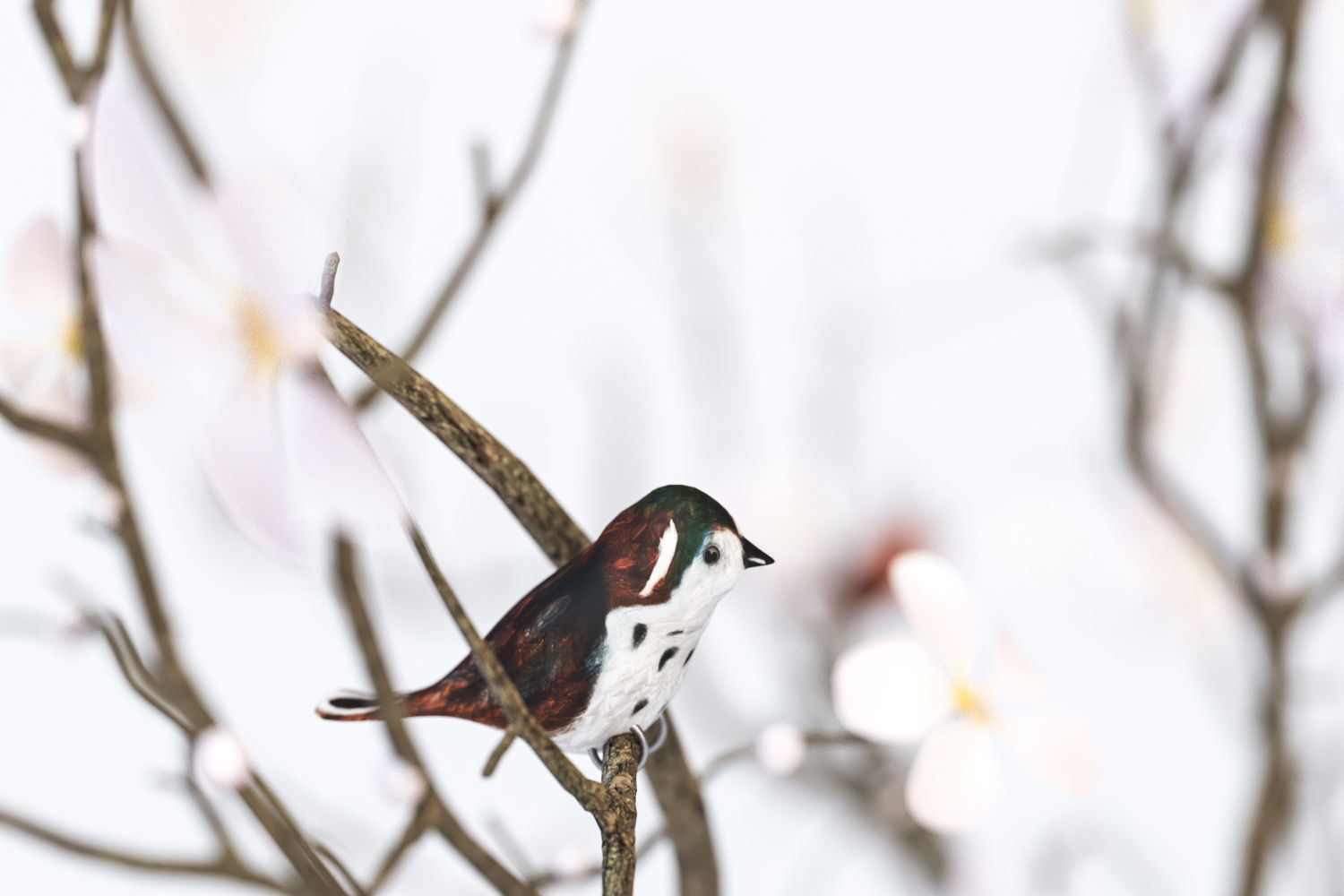 Twig with flowers and a bird in ceramic vase 3D model_2