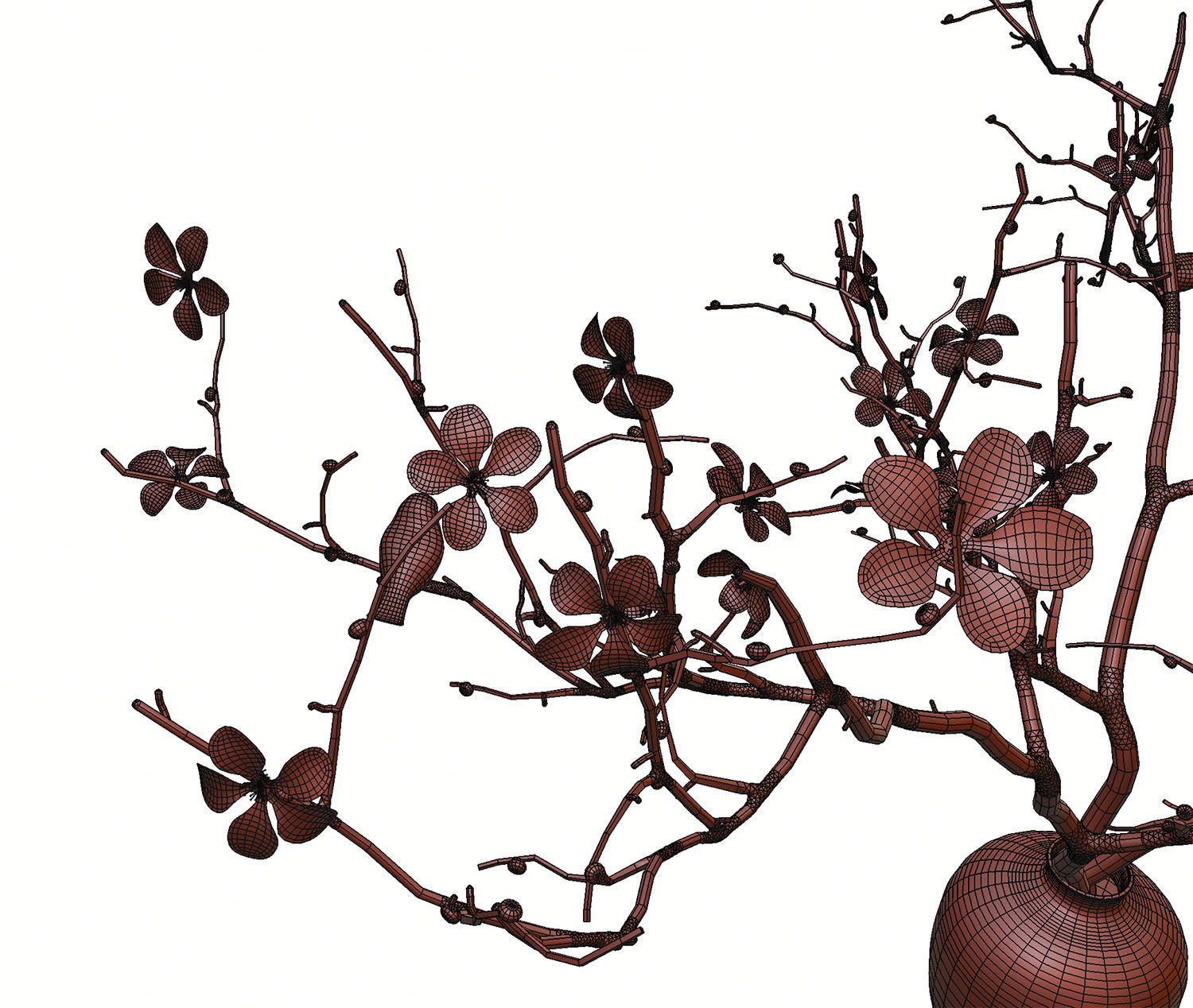 Twig with flowers and a bird in ceramic vase 3D model_13