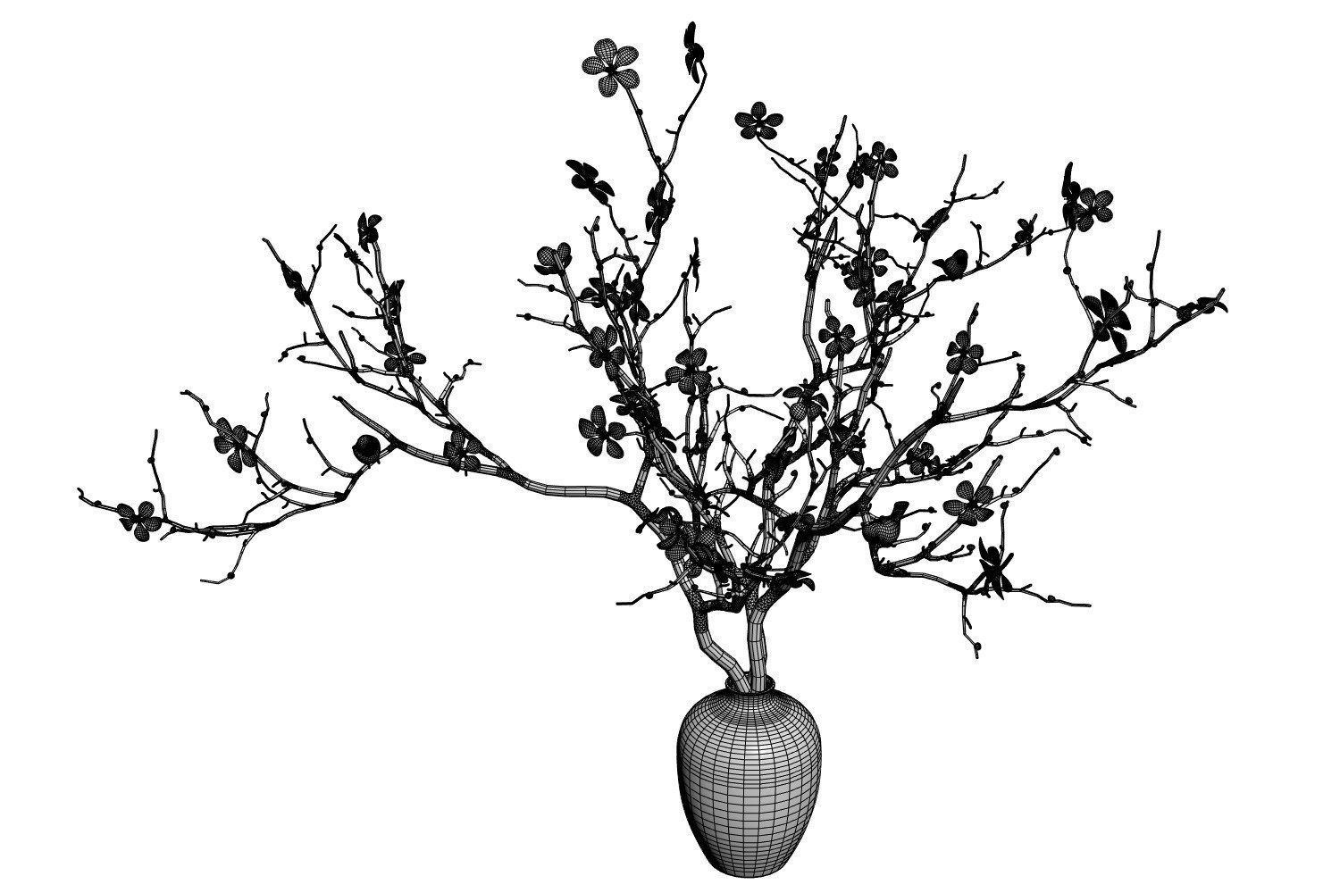 Twig with flowers and a bird in ceramic vase 3D model_4