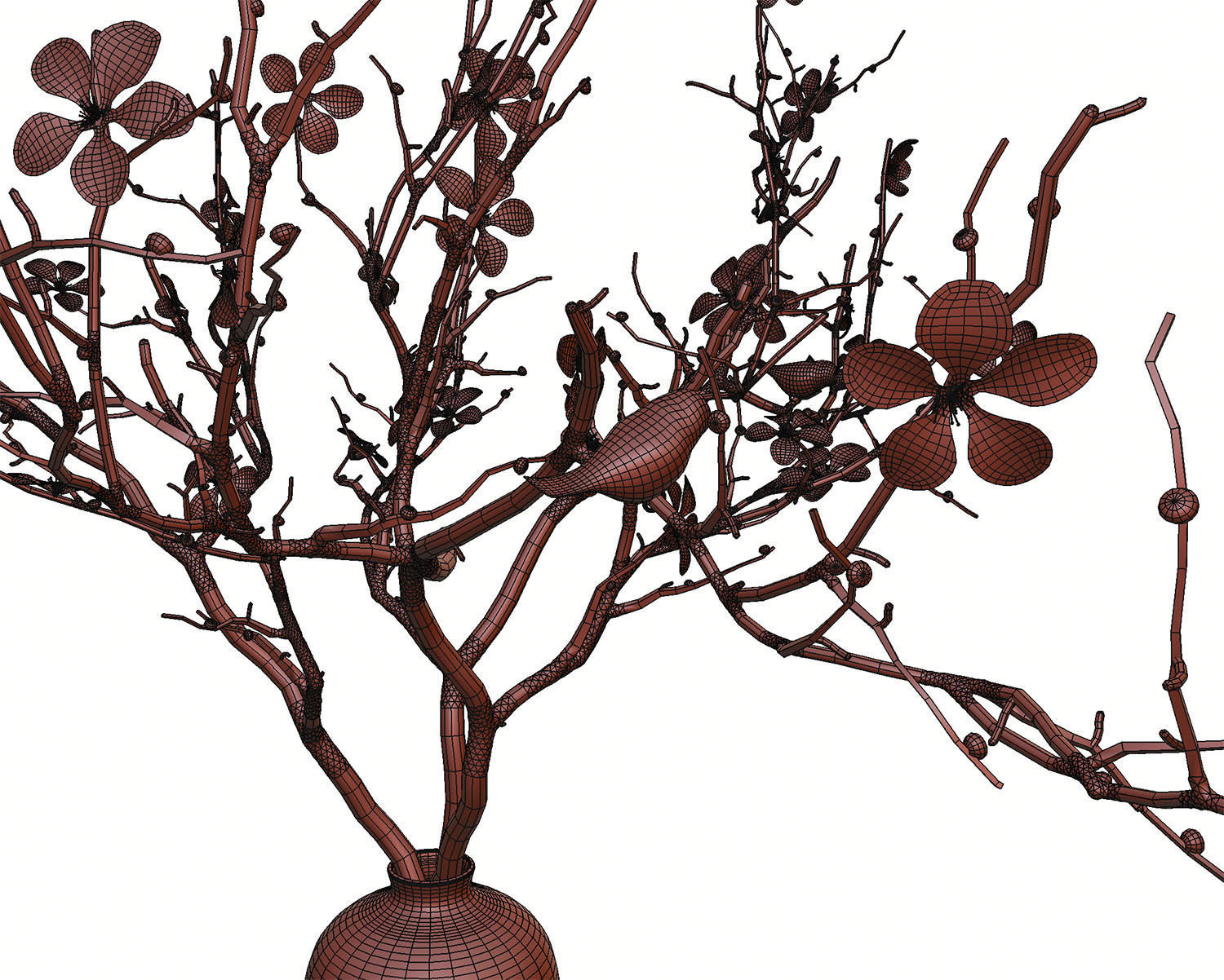 Twig with flowers and a bird in ceramic vase 3D model_14