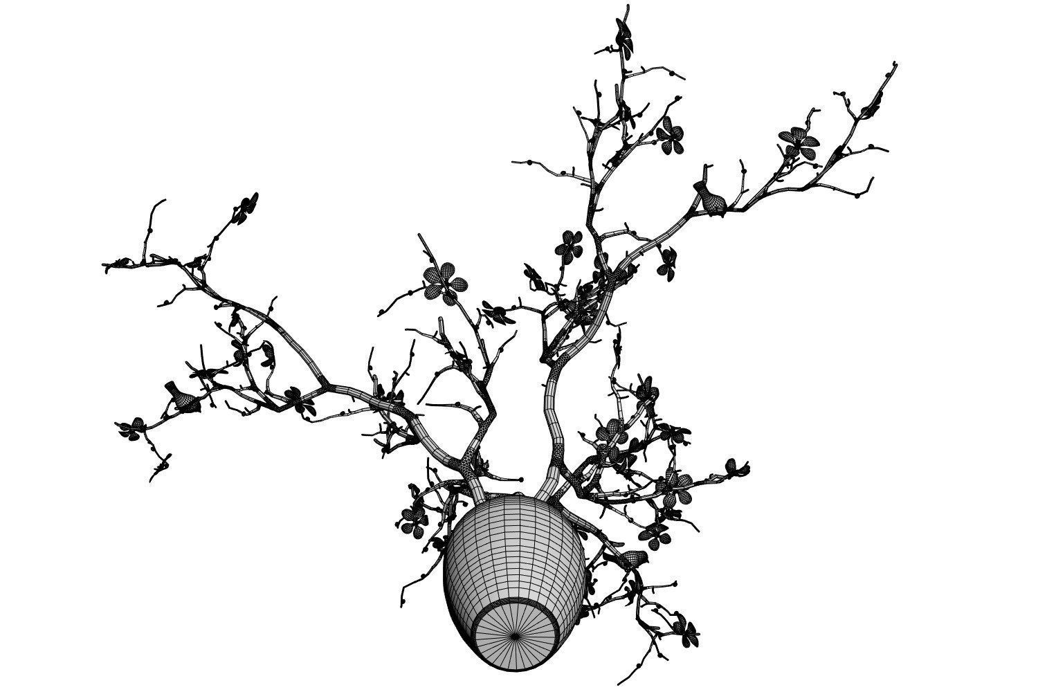 Twig with flowers and a bird in ceramic vase 3D model_6