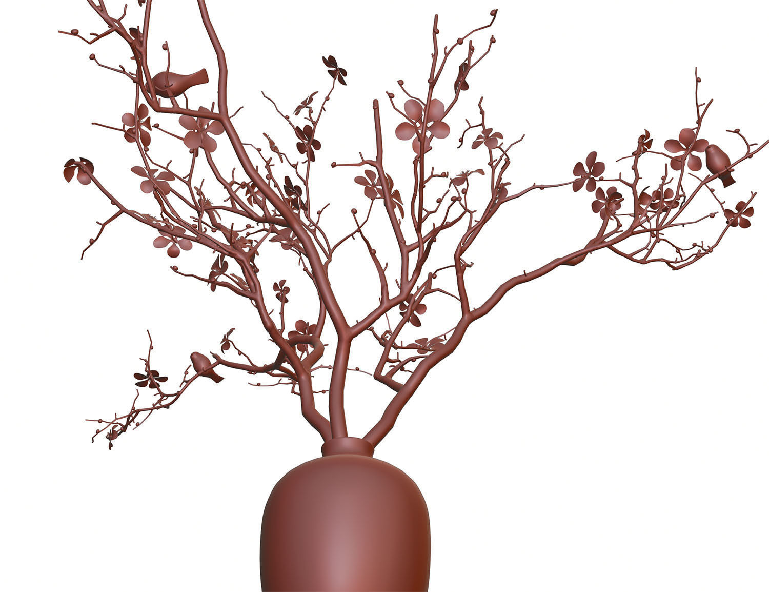 Twig with flowers and a bird in ceramic vase 3D model_12
