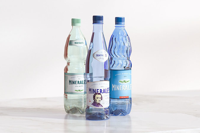 Three bottles with mineral water 3D model