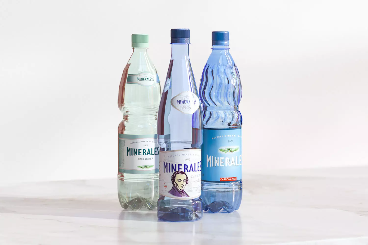 Three bottles with mineral water 3D model_0