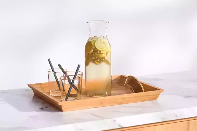 Carafe with glasses on a wooden tray 3D model