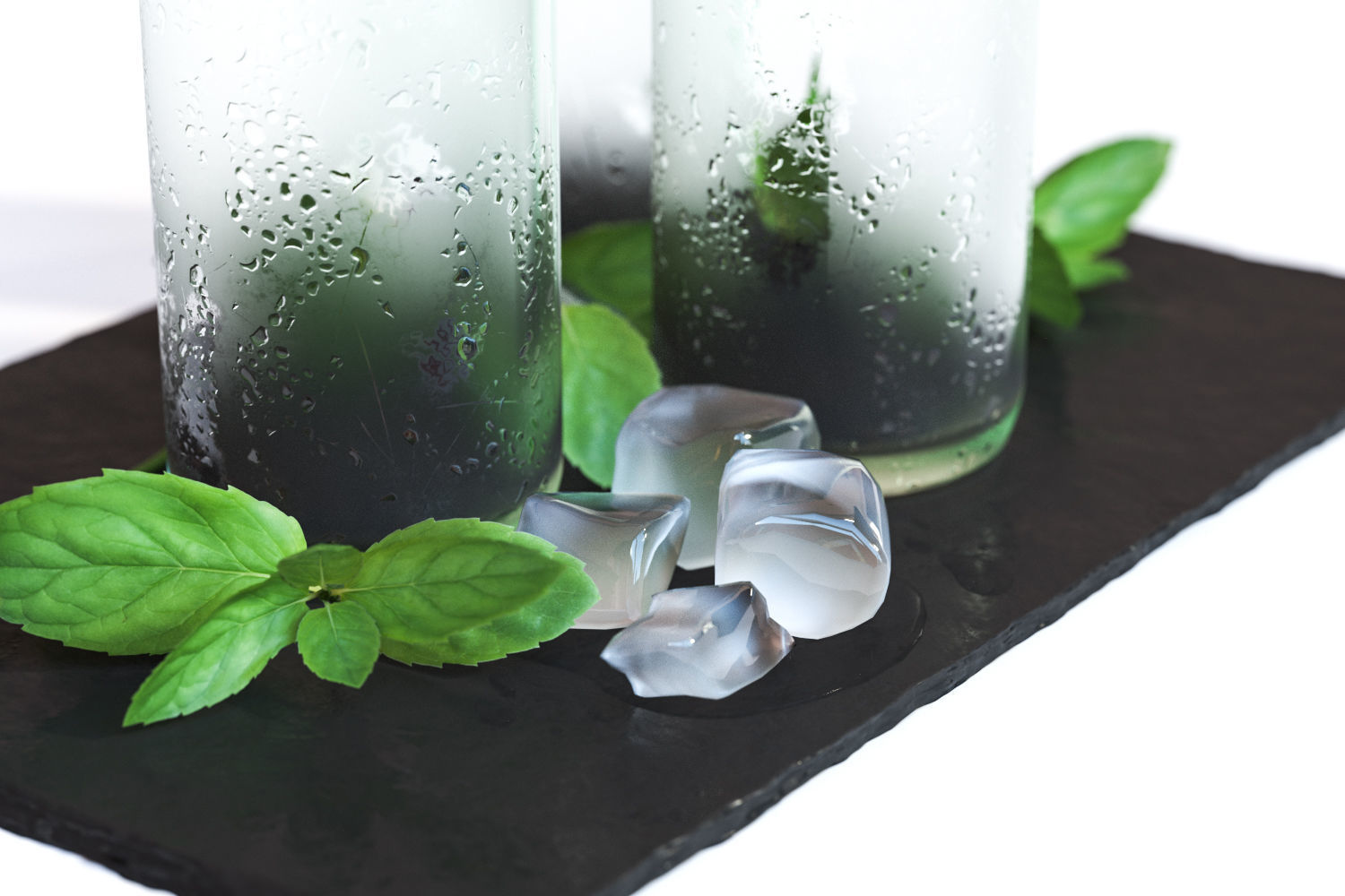 Glass bottles with water standing on a pad 3D model_2