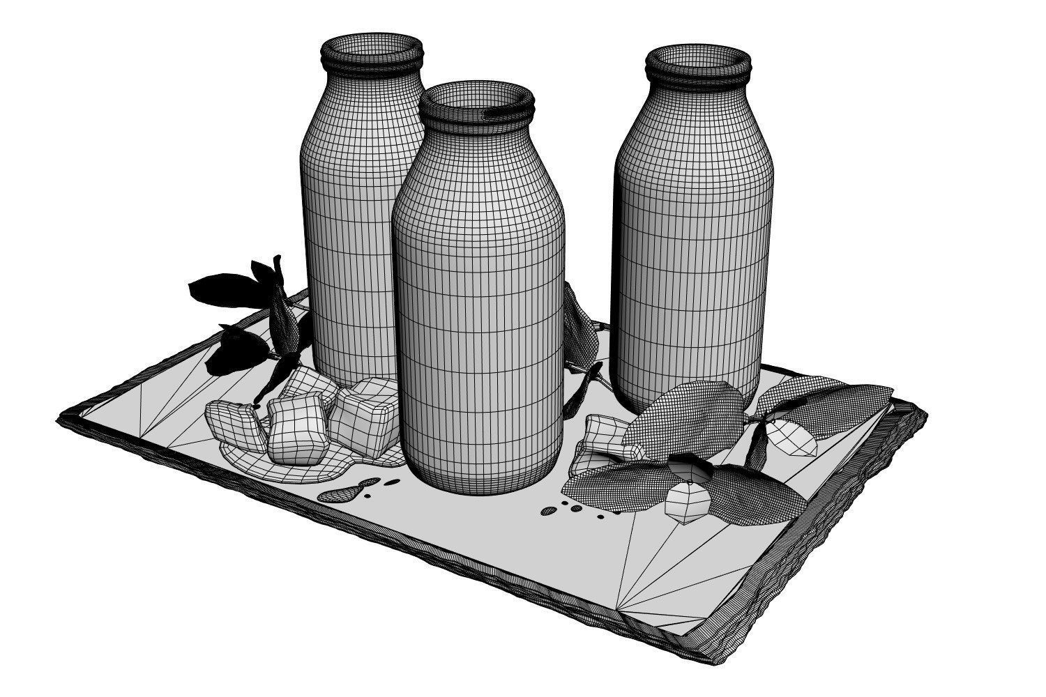 Glass bottles with water standing on a pad 3D model_7