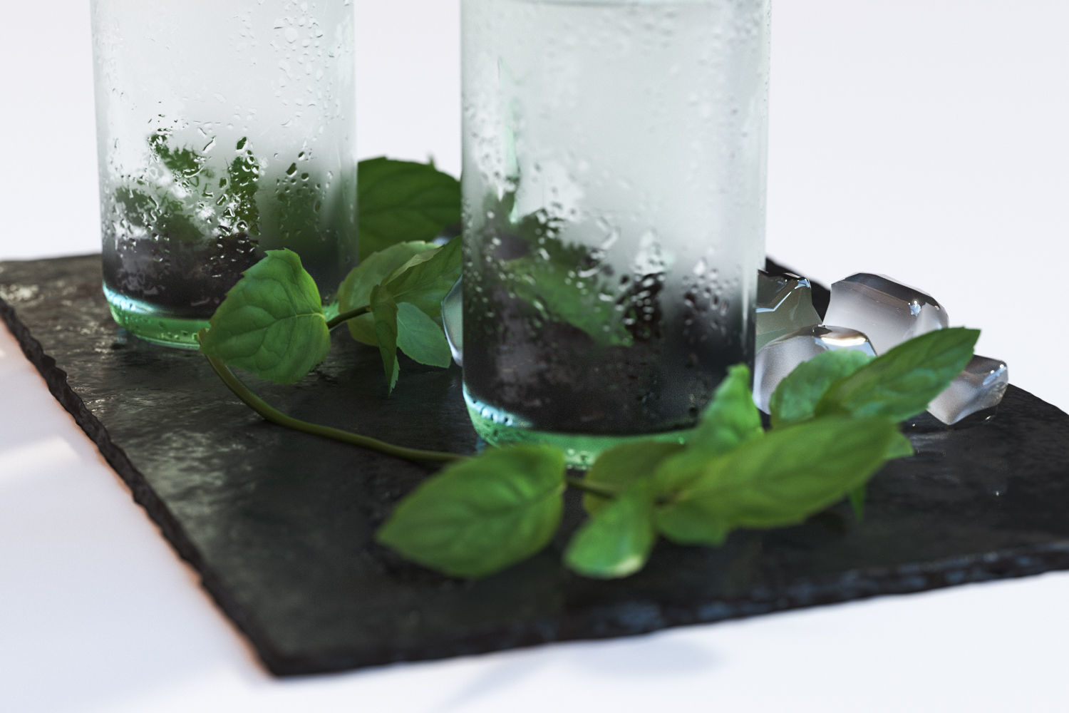 Glass bottles with water standing on a pad 3D model_1