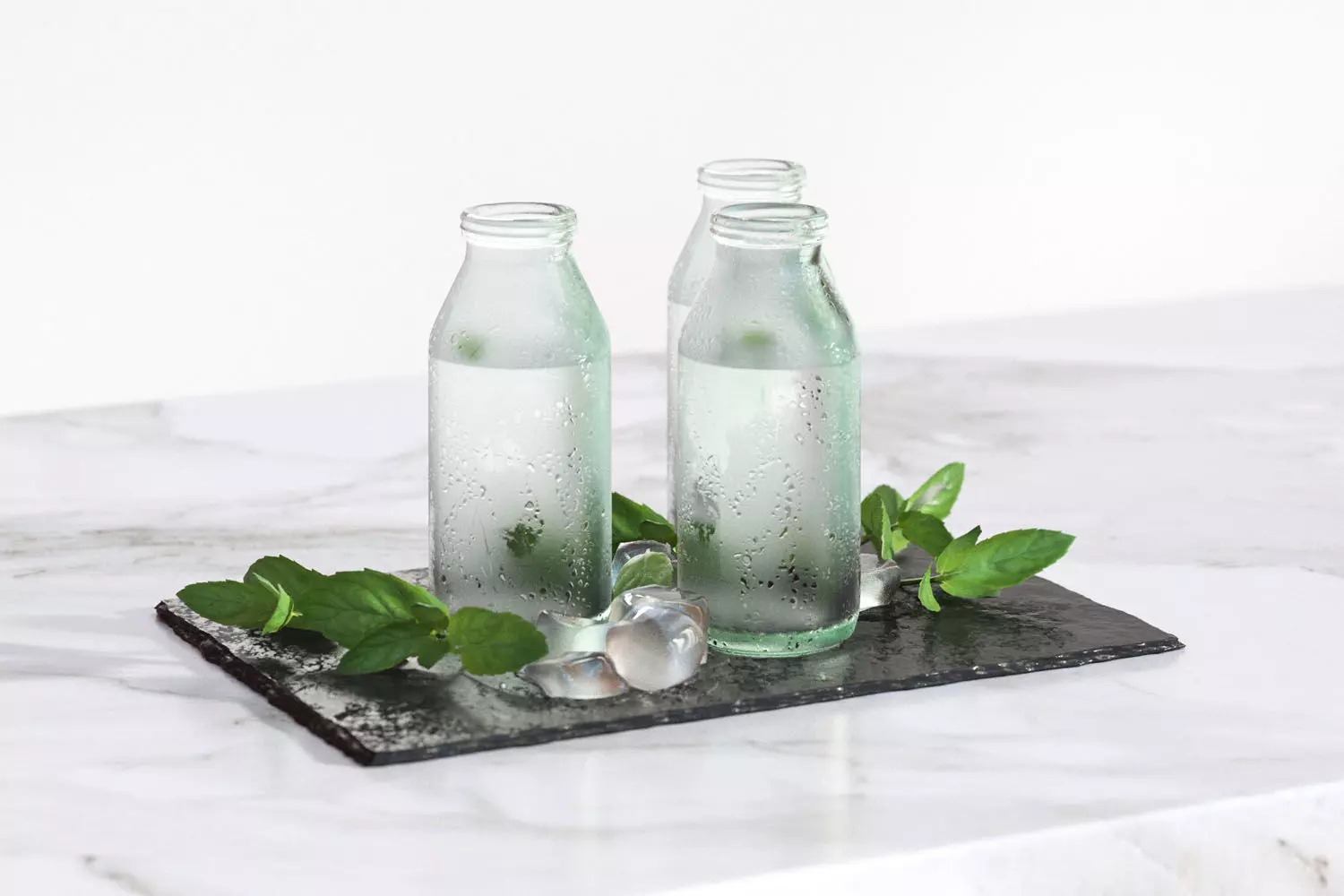 Glass bottles with water standing on a pad 3D model_0