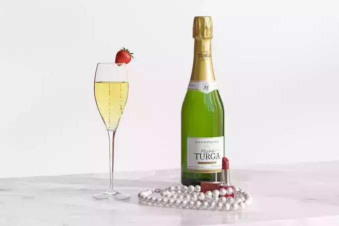 A bottle of champagne with glass next to pearls and red lipstick 3D model