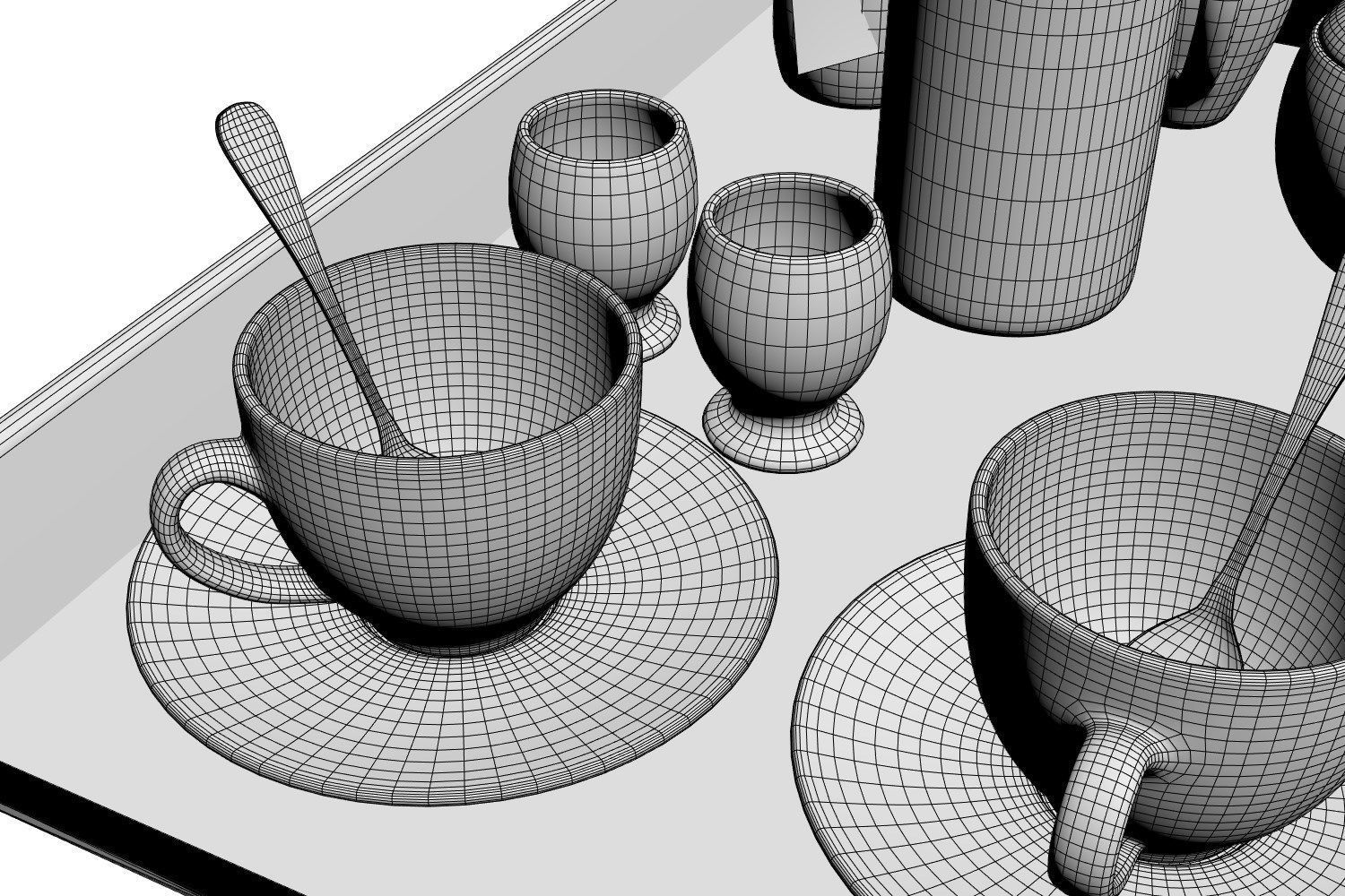 Porcelain breakfast set on a wooden tray 3D model_7
