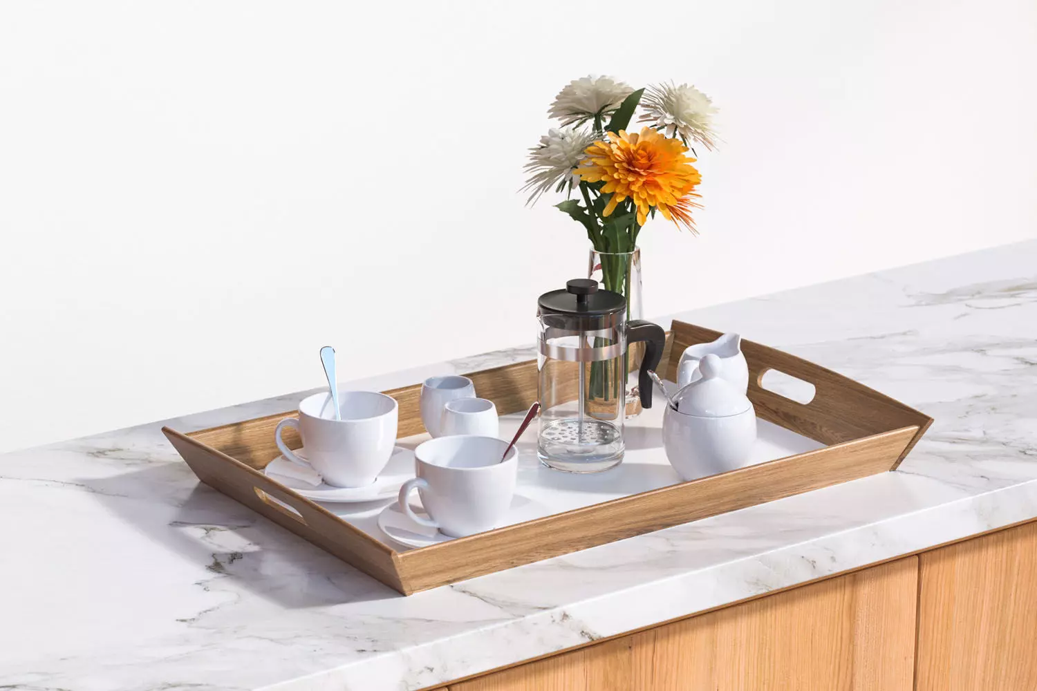 Porcelain breakfast set on a wooden tray 3D model_0
