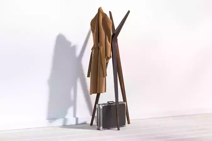 Wooden coat hanger with a brown coat