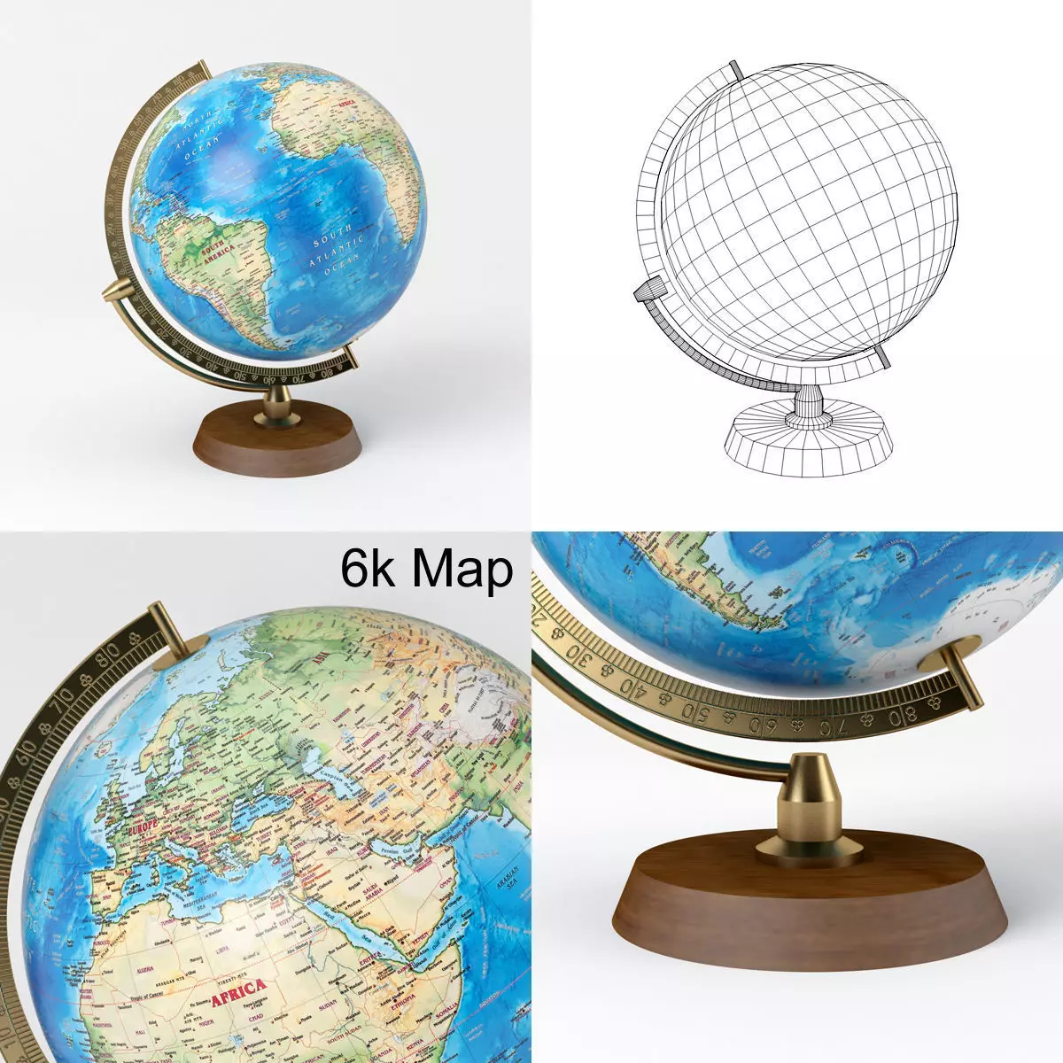 Earth Globe with Wooden Stand and Brass Elements - World Map Low-poly 3D model