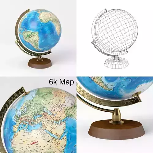 Earth Globe with Wooden Stand and Brass Elements - World Map Low-poly 3D model