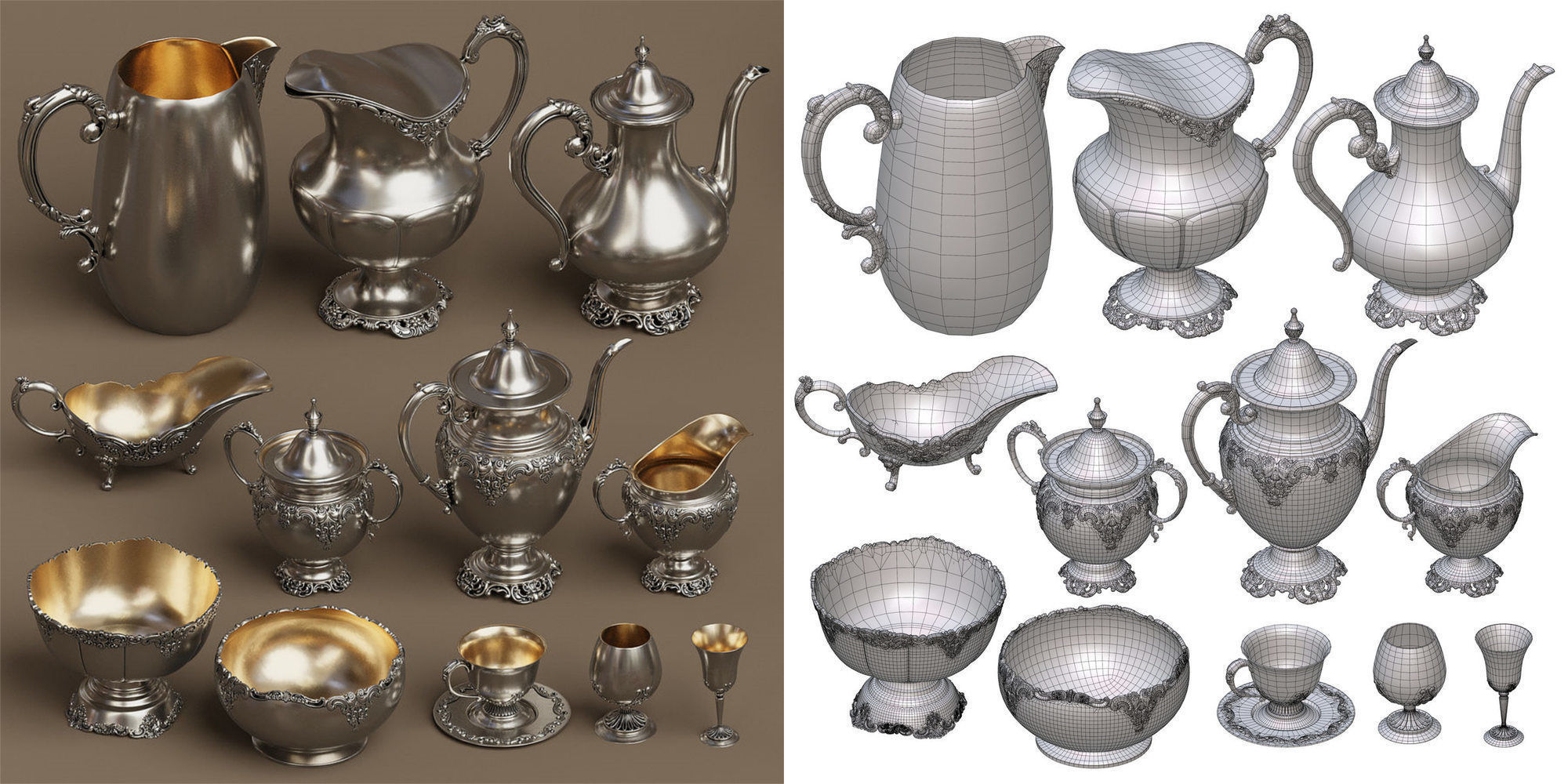 Midpoly 44 items Holloware service set 3D model_9