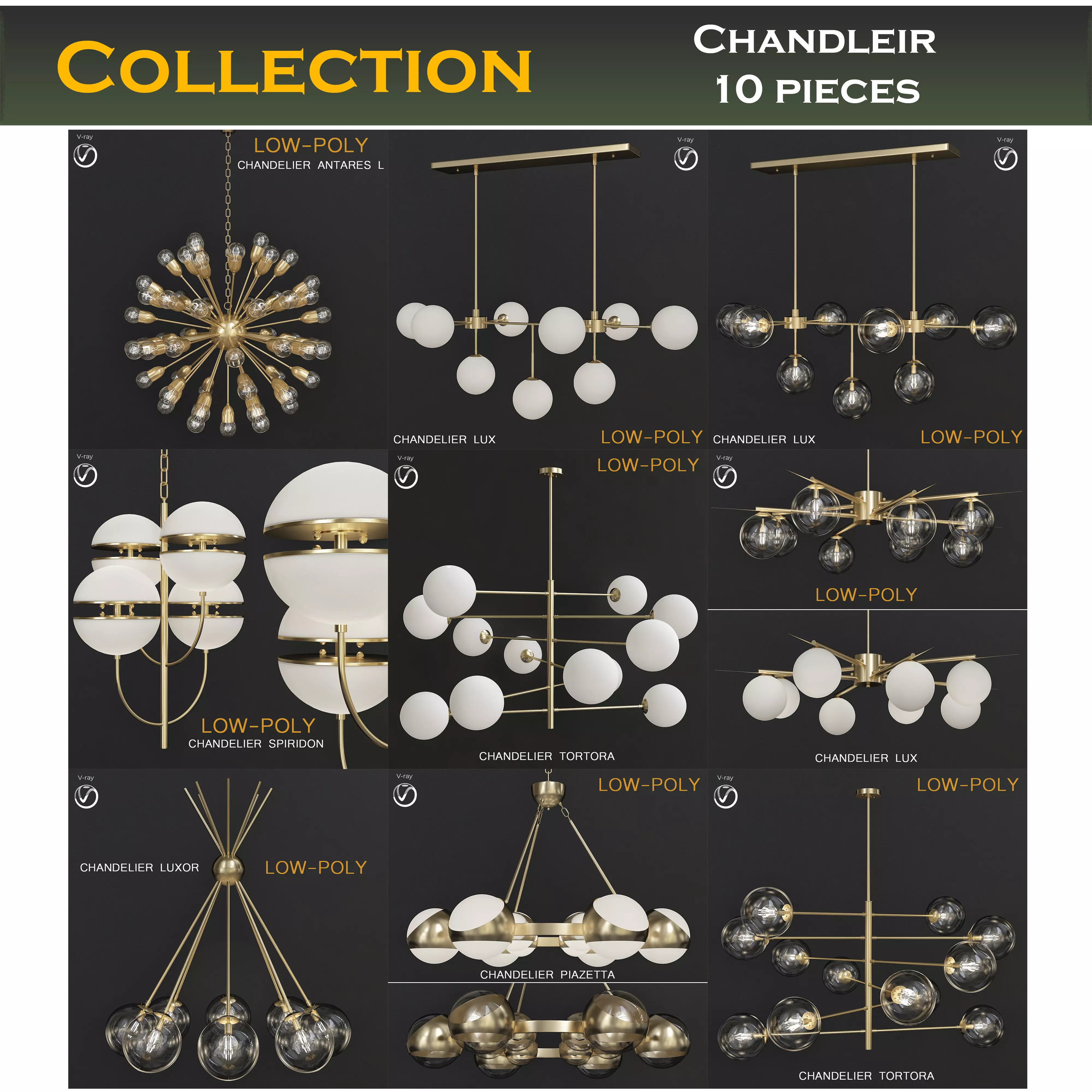 Chandleir 10 pieces 3d model Low-poly 3D model_0