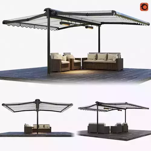 Two sided casset awning with rattan garden furniture  3D model