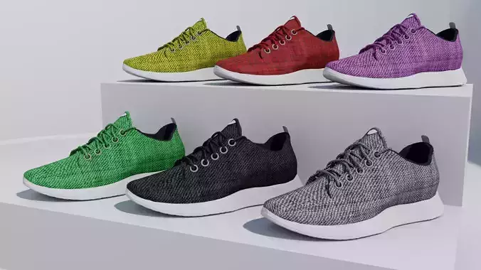 Shoes different colored sneakers on shelf 3D model