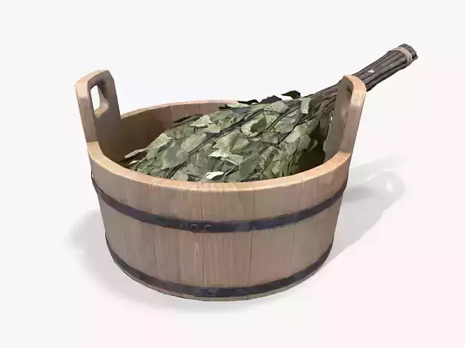 Sauna Bowl and Birch Besom Low-poly 3D model