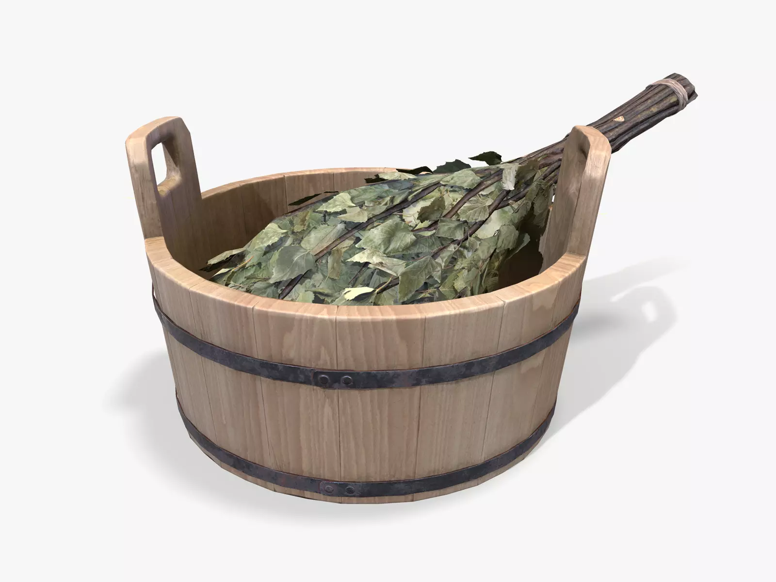 Sauna Bowl and Birch Besom Low-poly 3D model