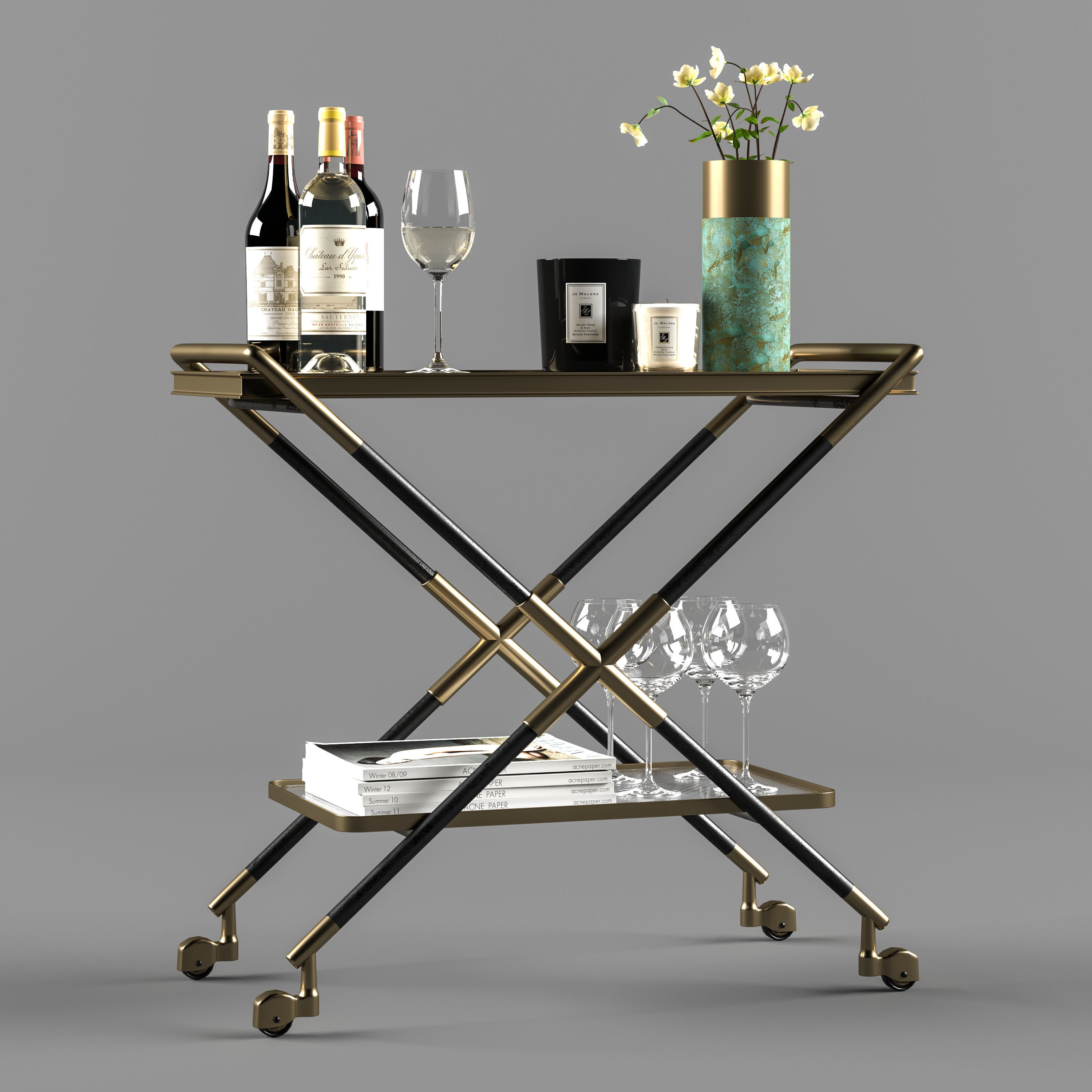 Bar Cart with Accessories 3D model_5